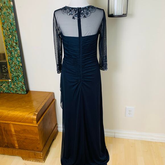 Patra Size 10 Illusion Jeweled Neck Draped Gown Dress Navy Blue Wedding Cocktail - Picture 12 of 14